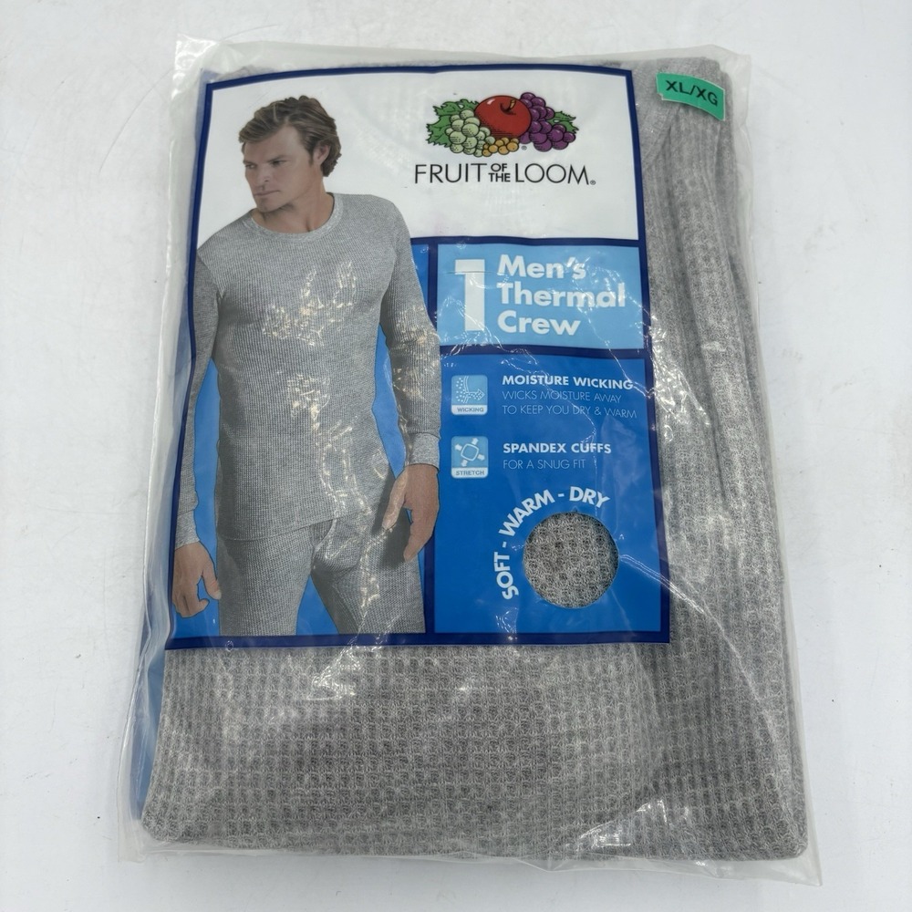 Fruit of the Loom Thermal Shirt Mens Size XL Gray Long Sleeve Crew Neck Waffle